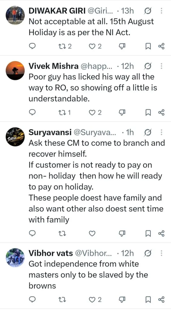 Users criticize bank for asking employees to Work on independence day