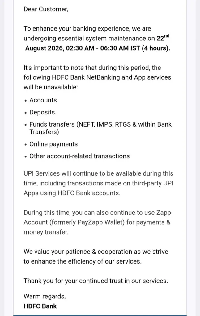 HDFC Bank Services to Remain Unavailable for 4 Hours on August 22. Email from HDFC Bank informing customers about non availability of services