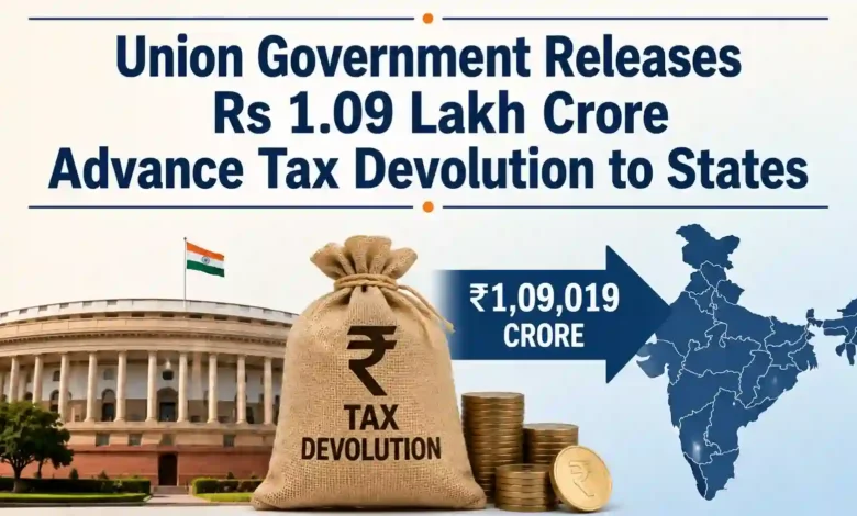 Union Government Releases Rs 1.09 Lakh Crore Advance Tax Devolution to States