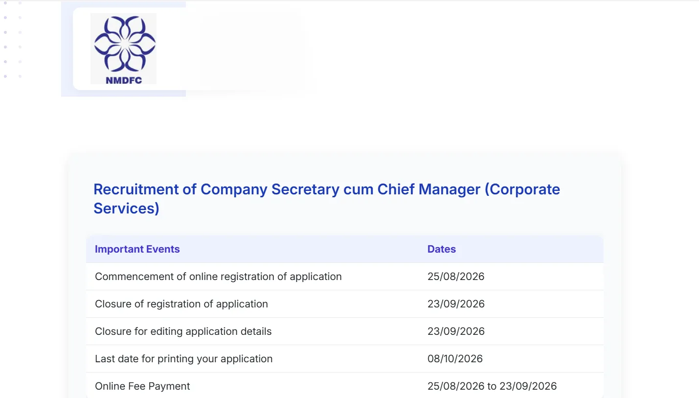 NMDFC hiring for Company Secretary - Chief Manager (Corporate Services)