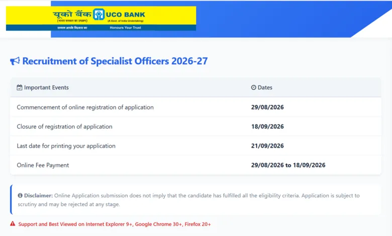 UCO Bank Specialist Officer Vacancy Out