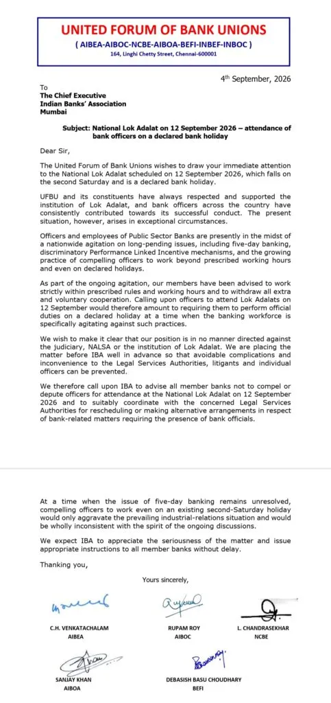 UFBU writes letter to IBA regarding Lok Adalat