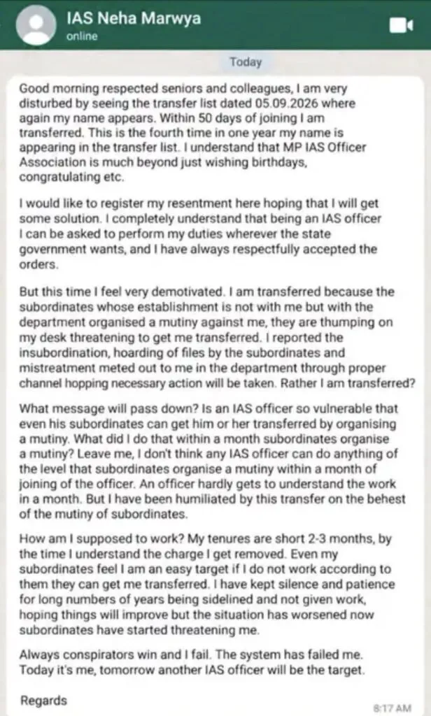 Letter by IAS Officer Neha Marvya Singh