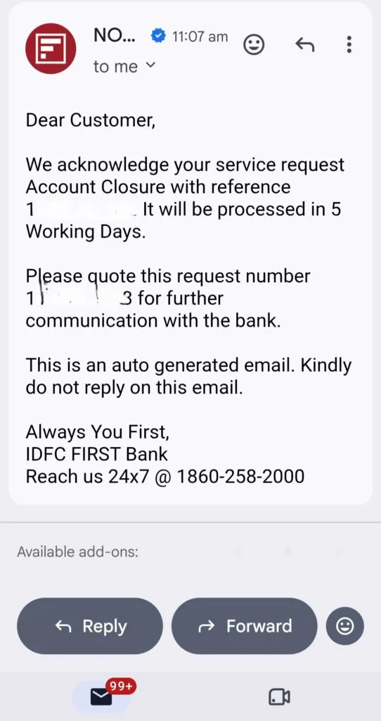 Email from IDFC First Bank for closure of account