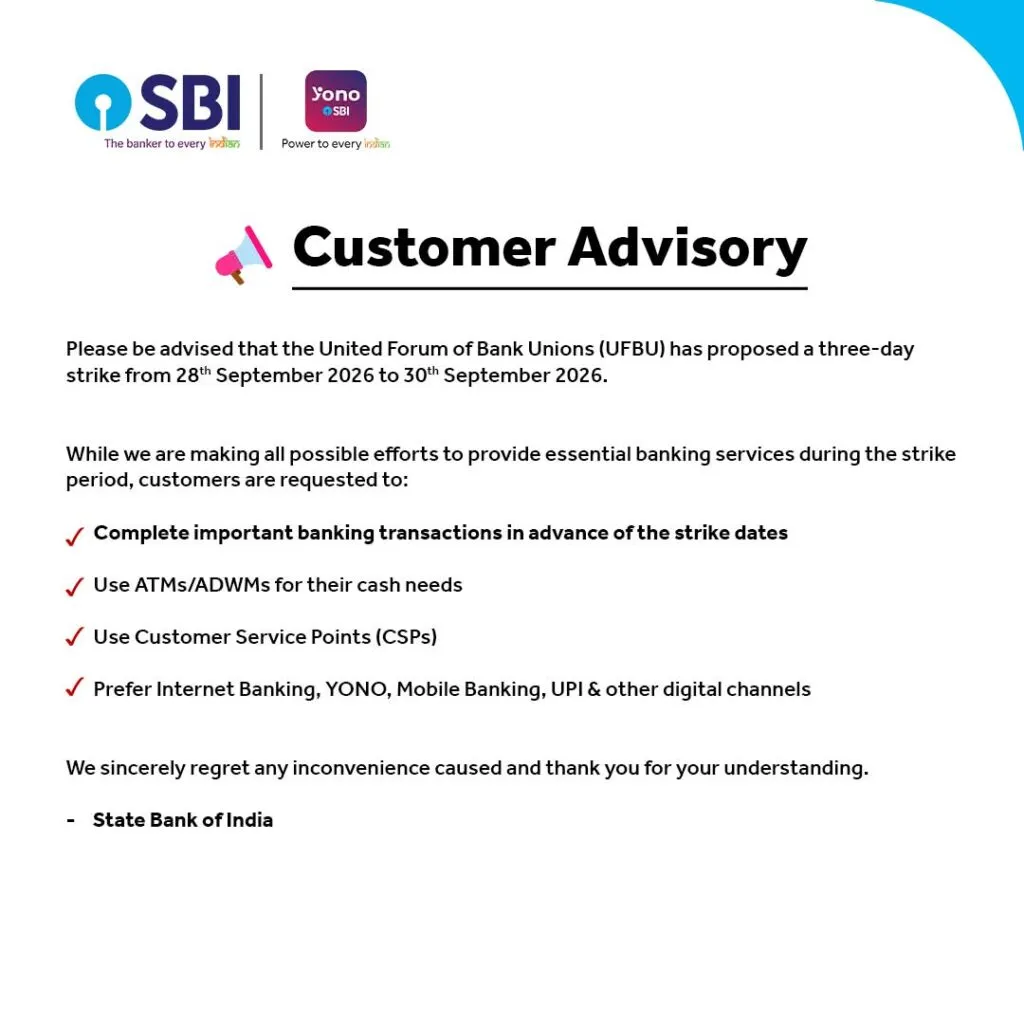SBI informs customers about upcoming Strike