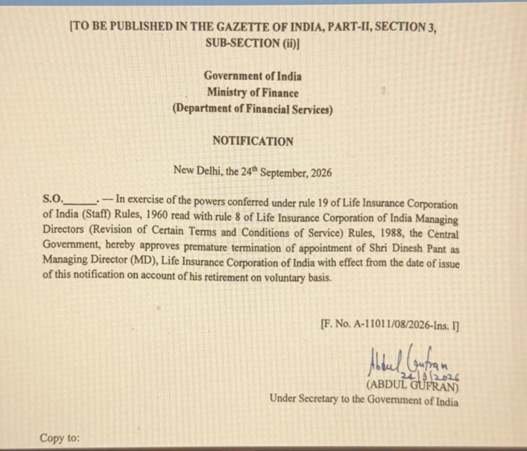 Govt approves premature termination of appointment of Shri Dinesh Pant as MD of LIC