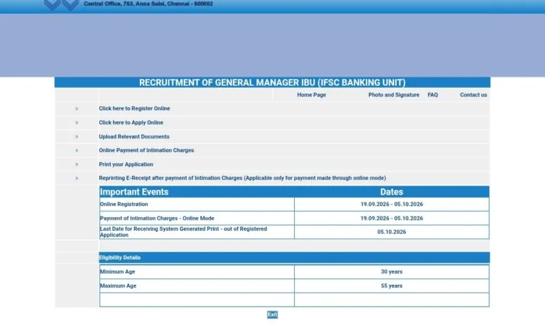 Indian Overseas Bank General Manager Recruitment 2026