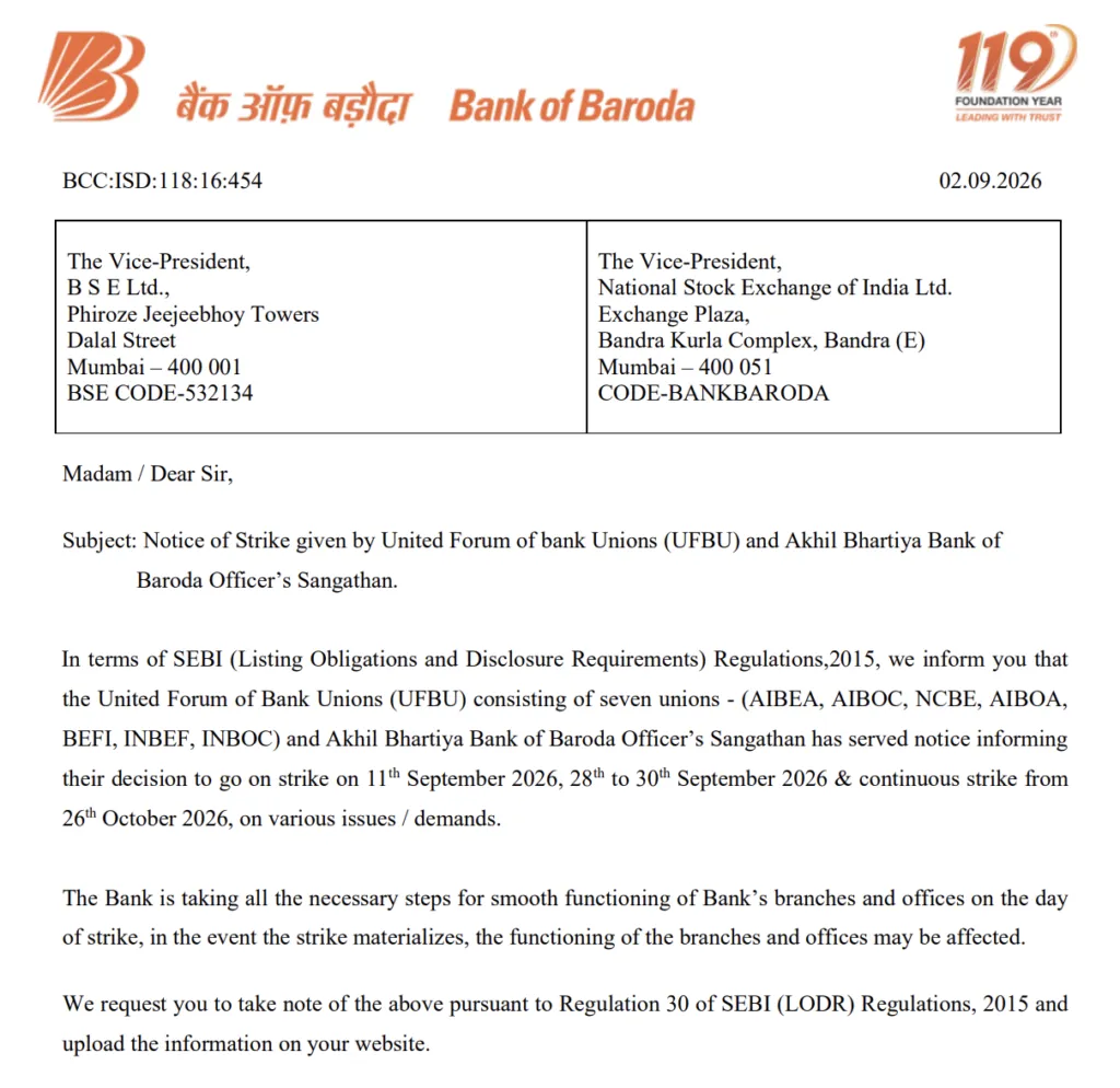 Bank of Baroda informs Stock Exchange about Strike