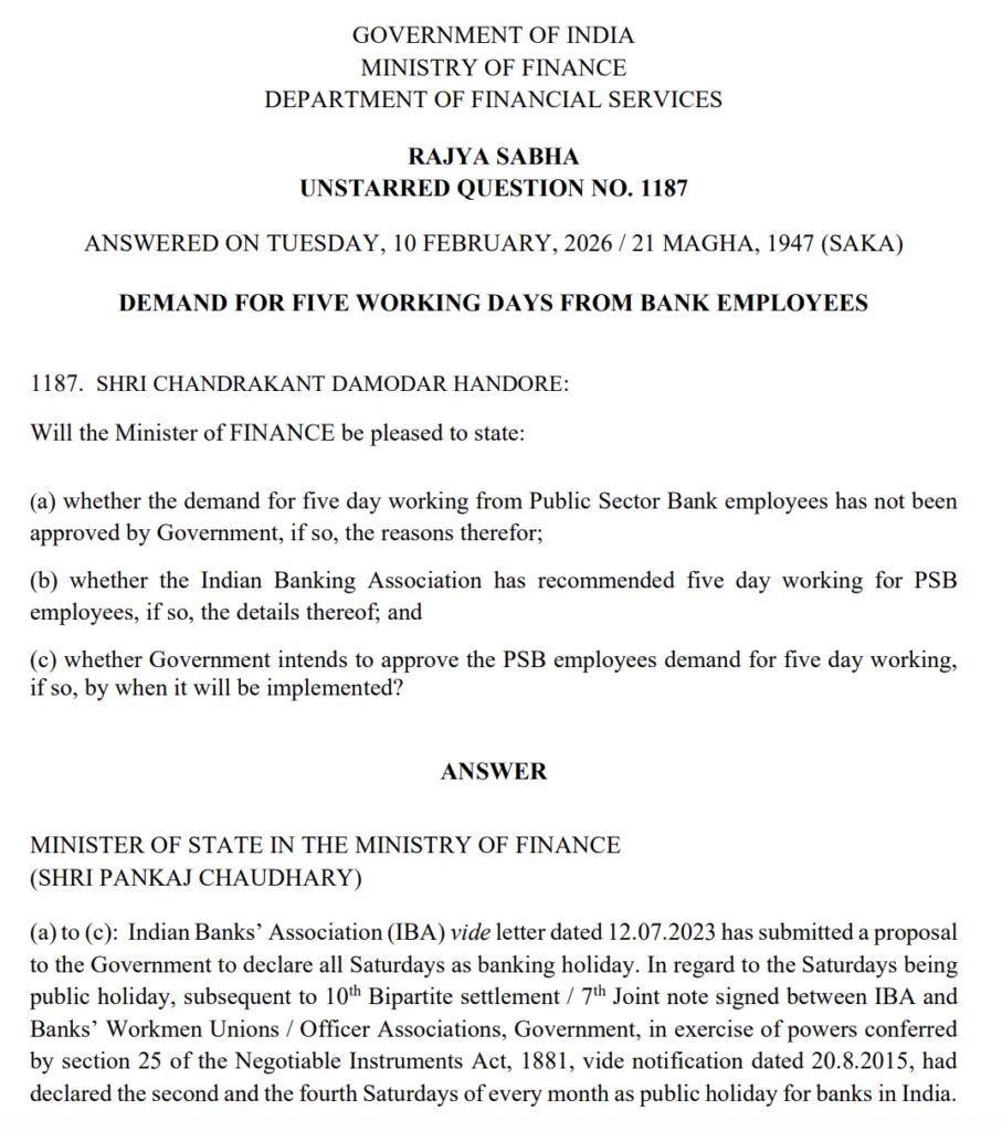 Government Reply in Rajya Sabha related to 5 day banking