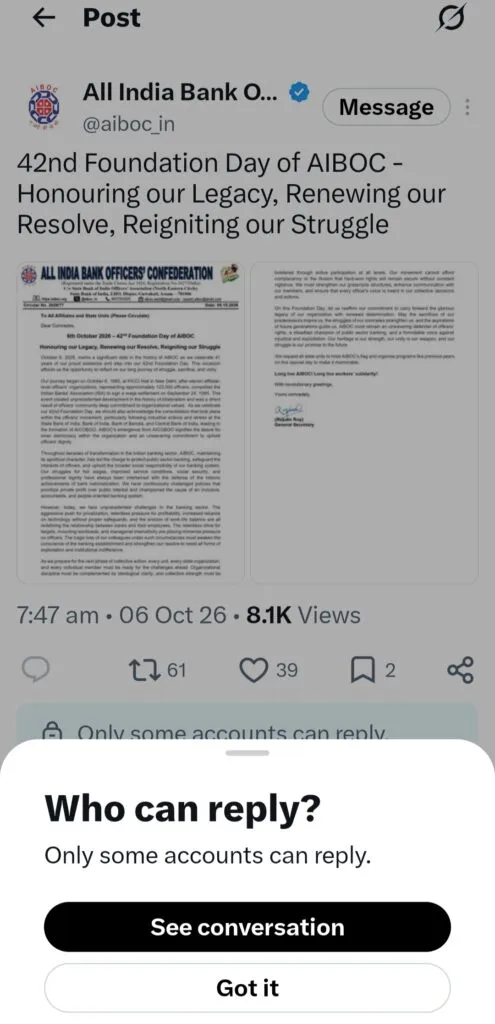 AIBOC disables comments on its post on X