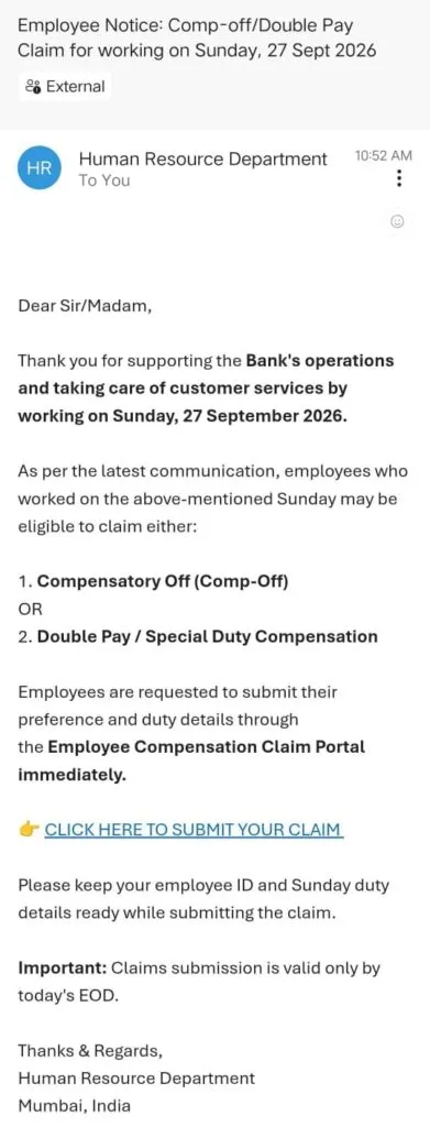 Bank Employees receive phishing emails for submitting HR Claims