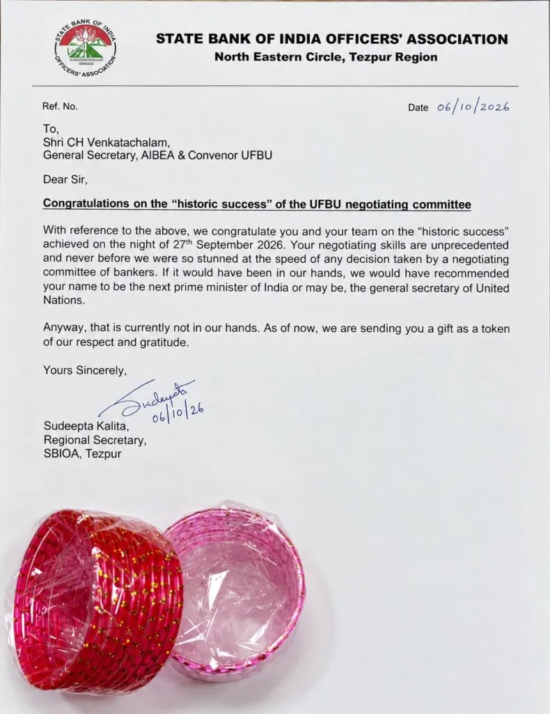 SBI Officers in Tezpur send Bangles to CH Venkatachalam
