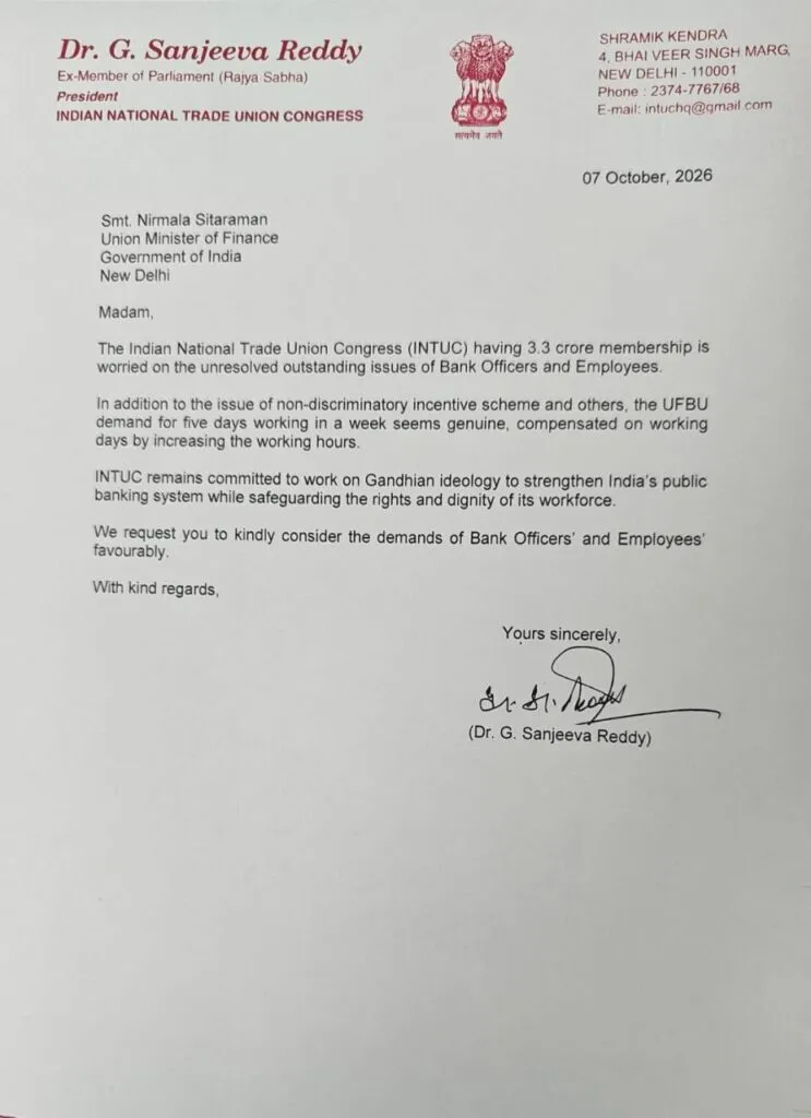 INTUC Urges FM Sitharaman to implement 5-day Banking