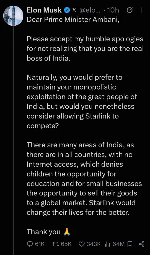 Elon Musk calls Ambani the real PM of India