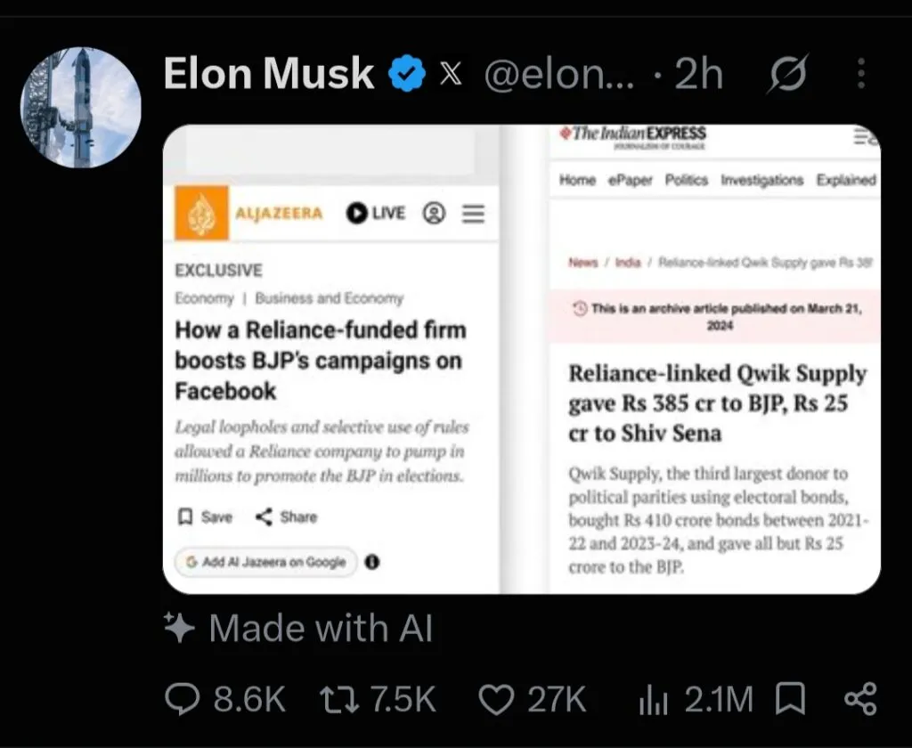 Elon Musk also shared news clips of funds shares by Reliance with BJP.