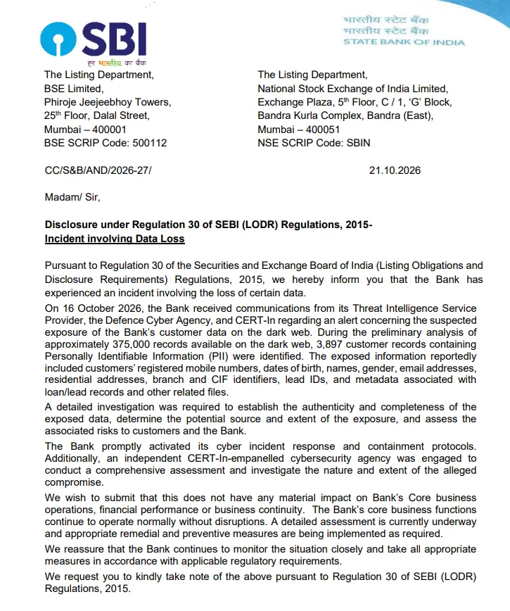 SBI has also informed BSE and NSE about the data leak.