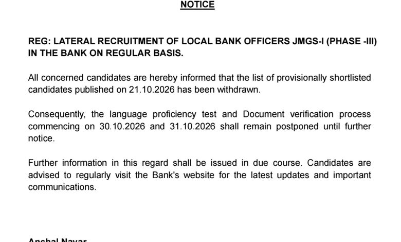 Punjab & Sind Bank Withdraws Shortlisted Candidates List for LBO Recruitment 2026