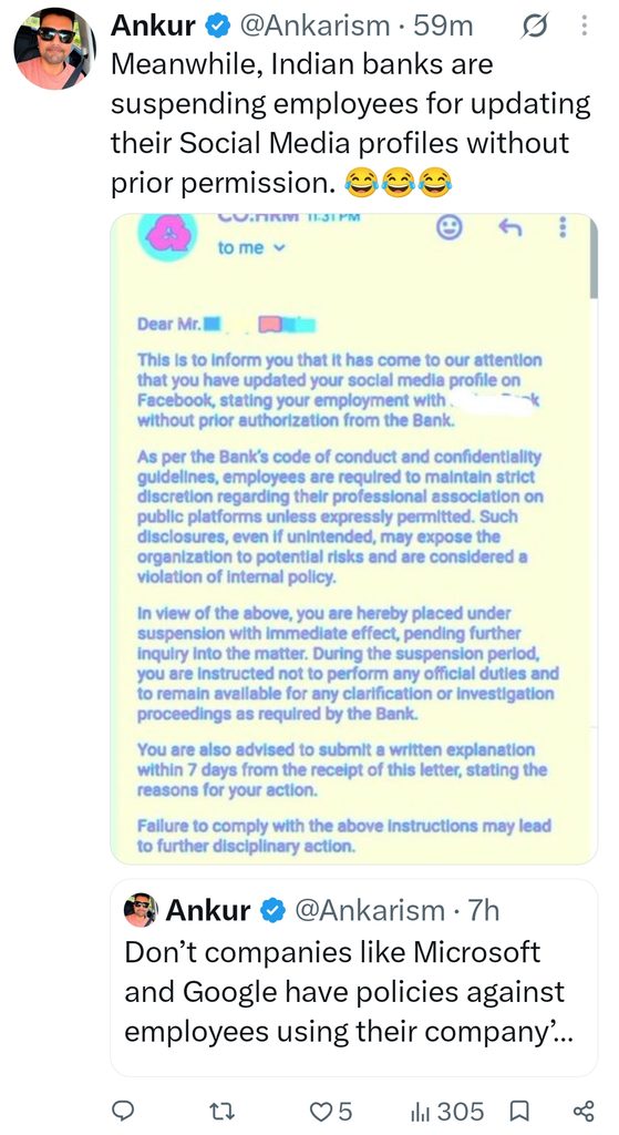 Did Indian Bank Suspend Employee for mentioning Bank Name on his Social Media Profile?