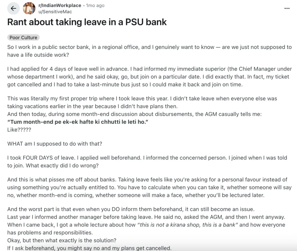 Reddit Post: PSU Bank Employee Says Taking Leave Feels Like a Crime
