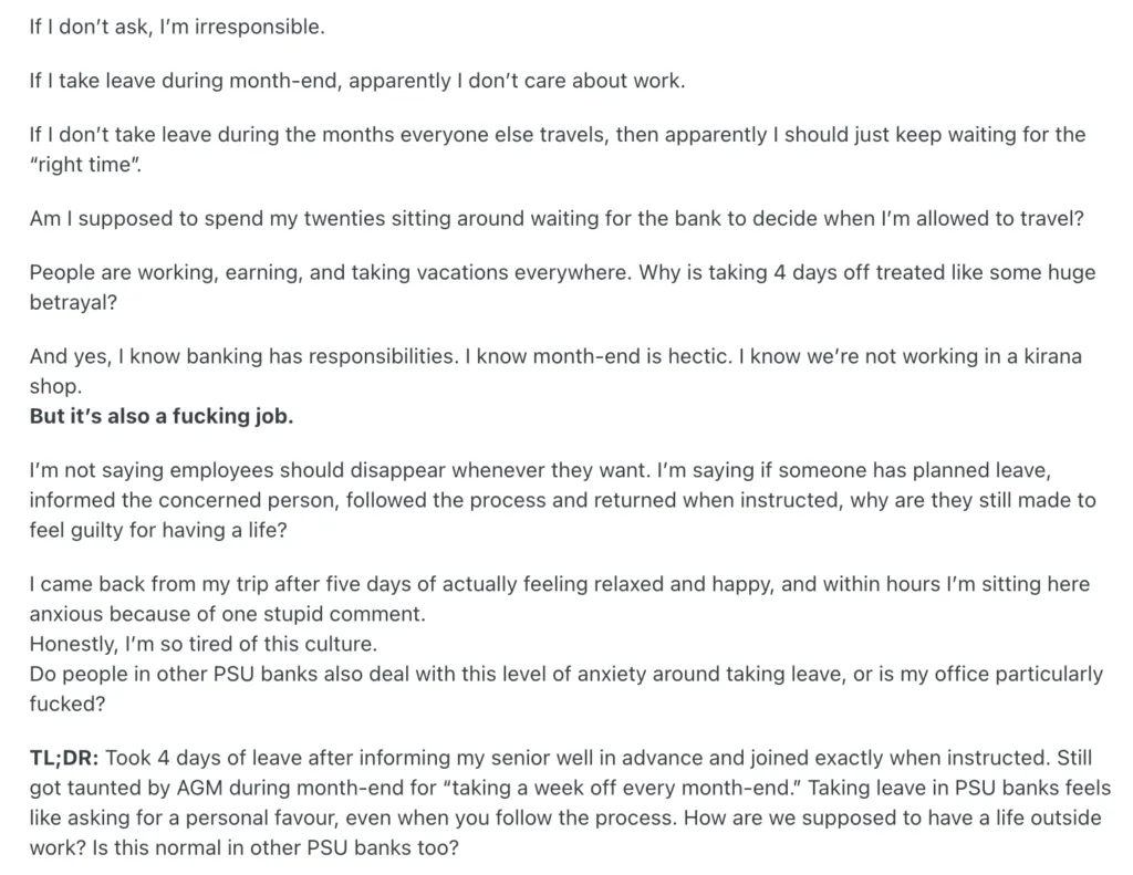 Reddit Post: PSU Bank Employee Says Taking Leave Feels Like a Crime