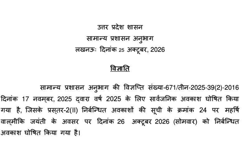 UP Government Declares Public Holiday Excluding Banks on October 26 for Maharishi Valmiki Jayanti