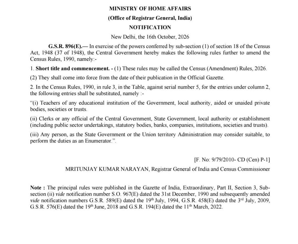 Census Amendment Rules 2026: Teachers, Bank Employees and Government Clerks Can Be Appointed as Census Enumerators